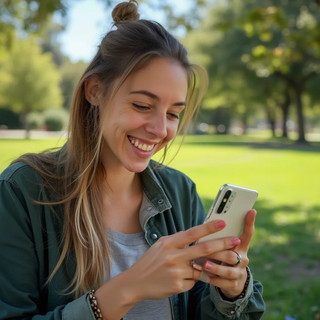 A person joyfully using the Chicken Road app on their phone outdoors