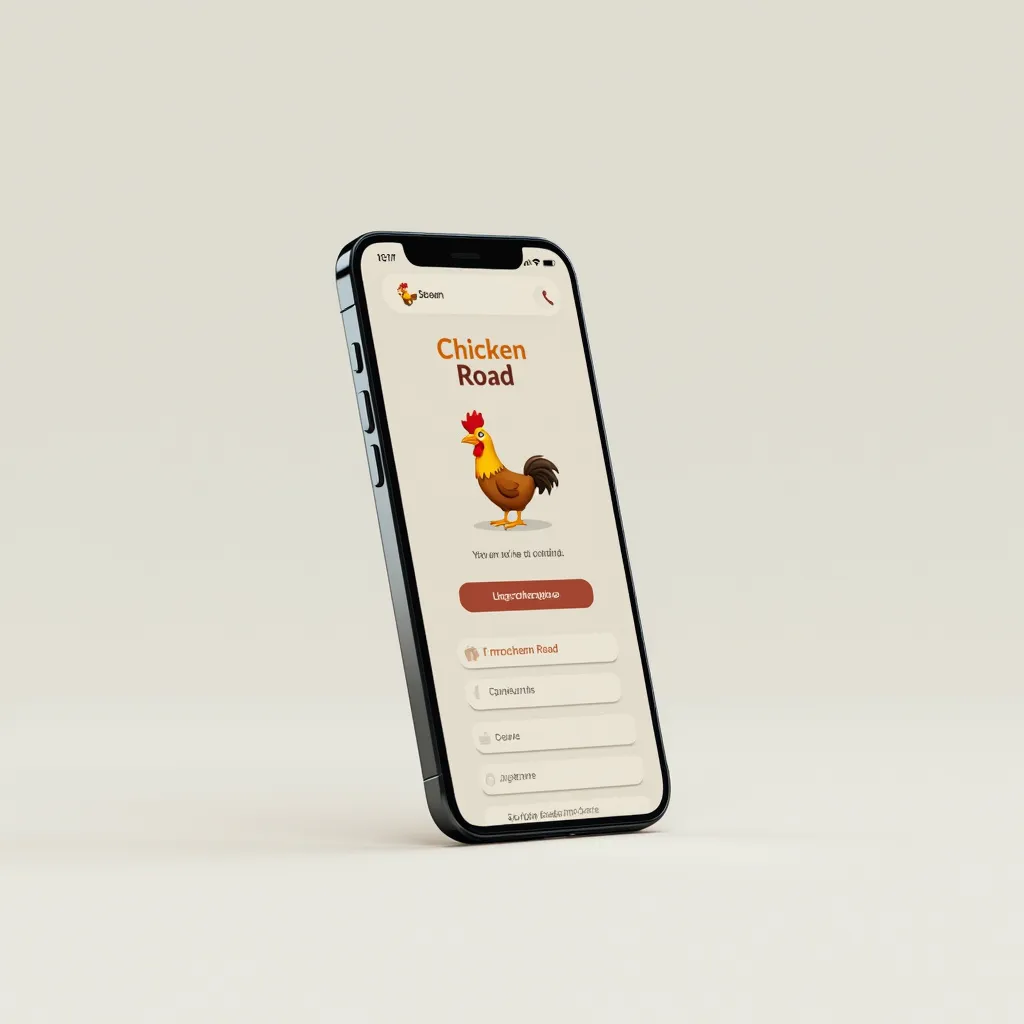 Mobile phone showcasing the Chicken Road app interface with a stylized chicken character.