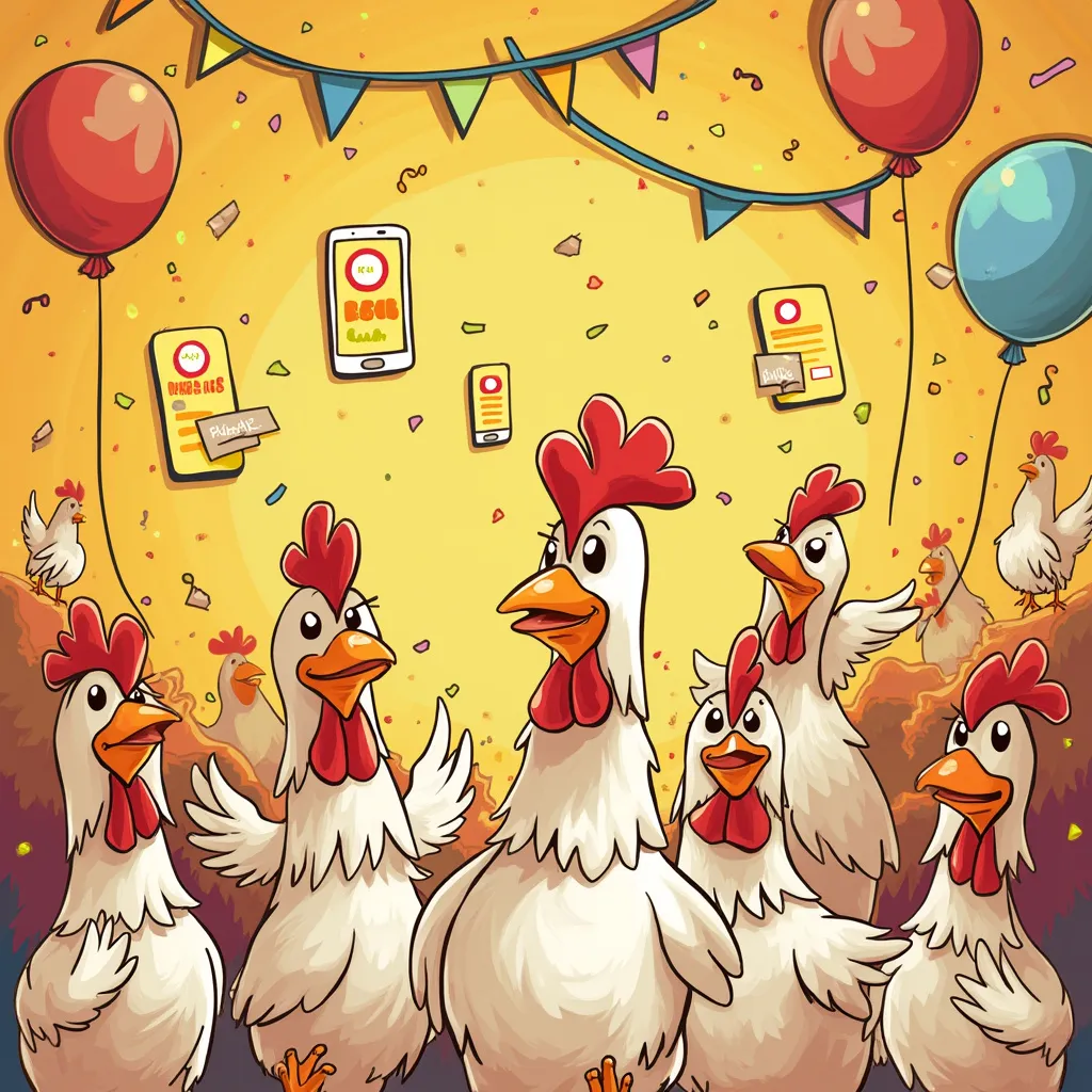 A vibrant illustration of a launch party for the Chicken Road app.