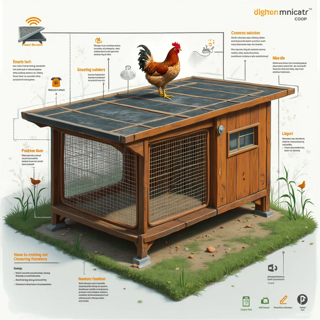 Futuristic chicken coop with high-tech gadgets.
